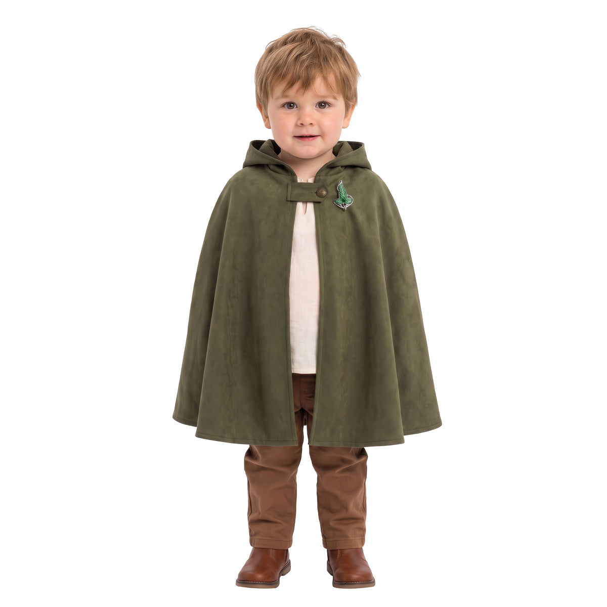 Front view of the kids wedding bearer cape worn with the hood down, fastened with a green leaf pin