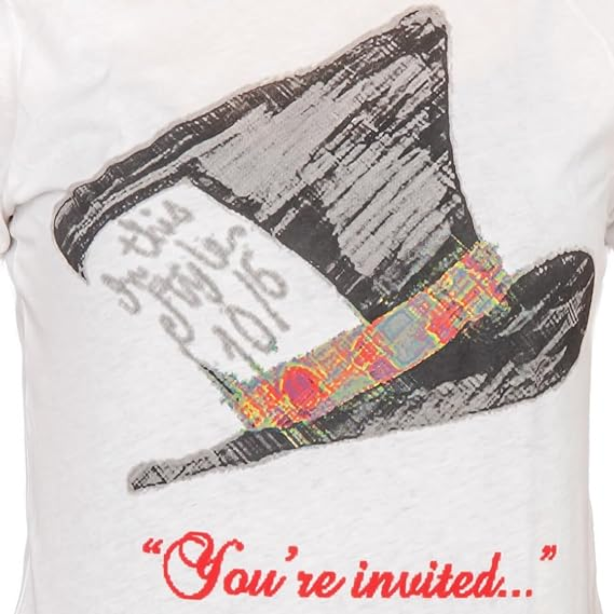 Alice in Wonderland Mad Hatter Hat You're Invited Juniors White T-Shirt Tee