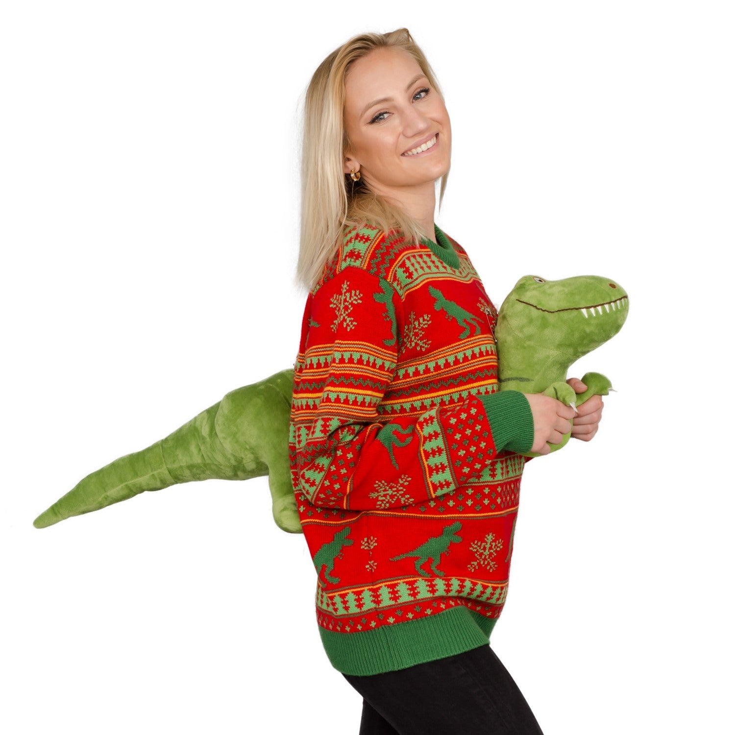 3D T-Rex Red and Green Adult Ugly Christmas Sweater