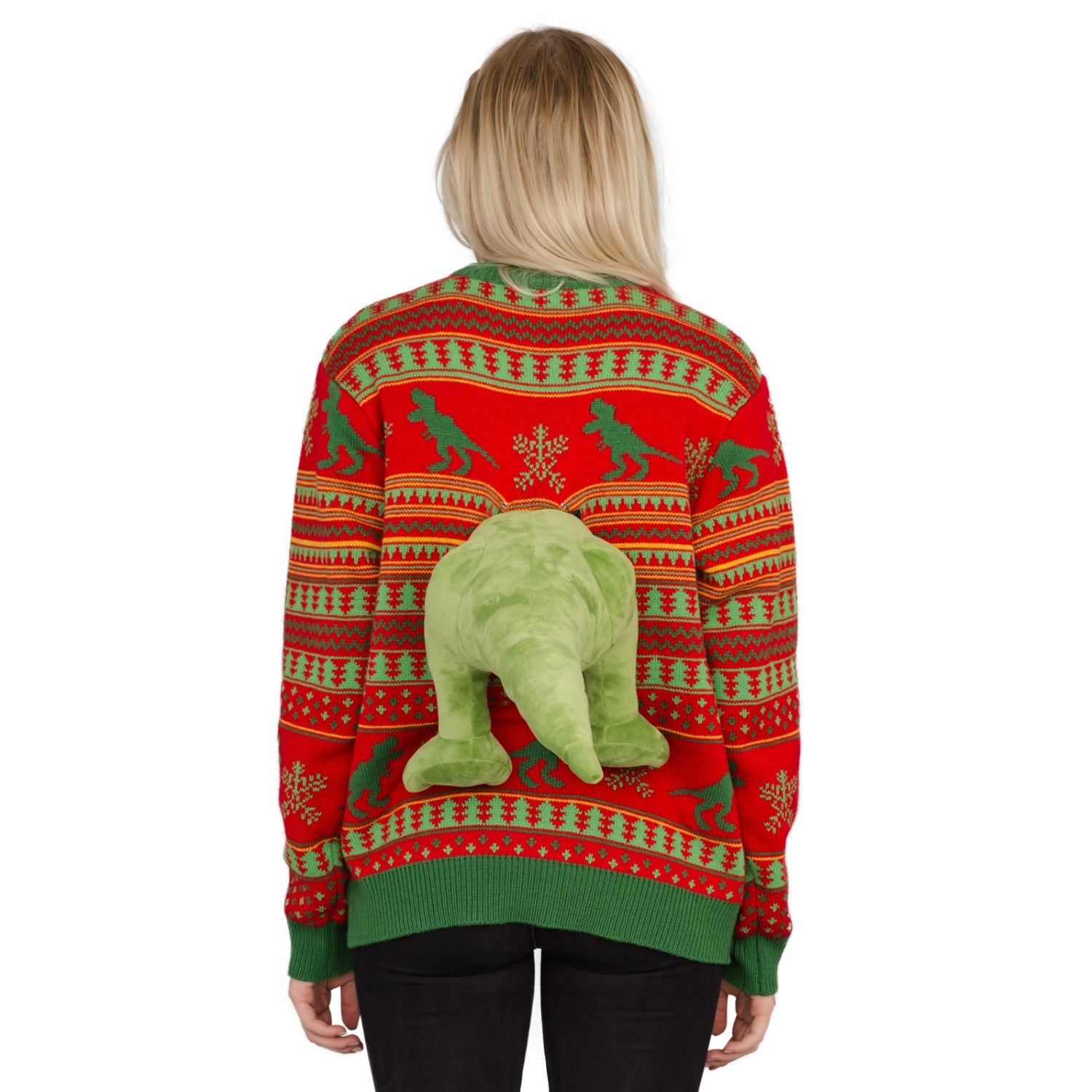 3D T-Rex Red and Green Adult Ugly Christmas Sweater