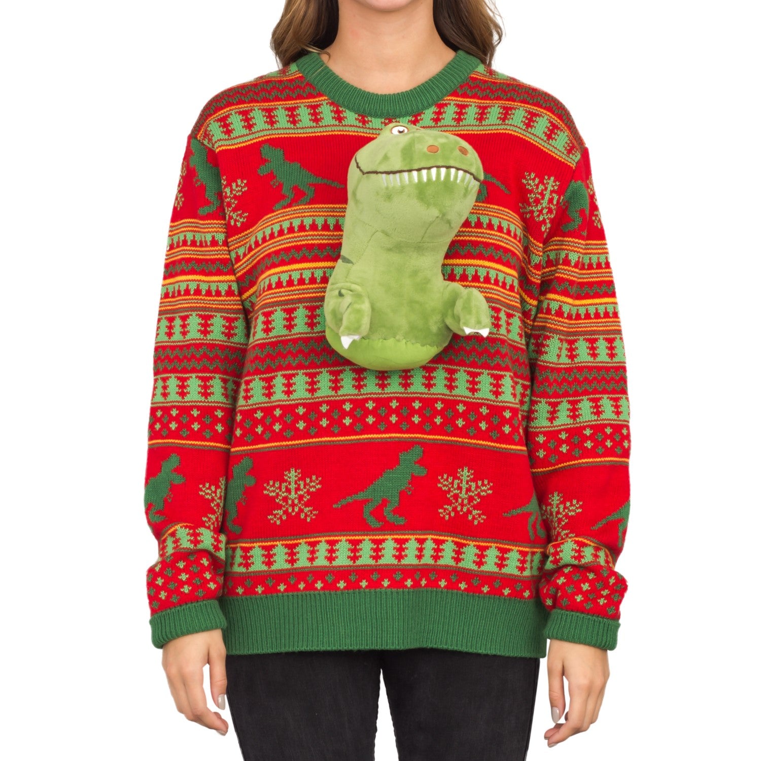 3D T-Rex Red and Green Adult Ugly Christmas Sweater