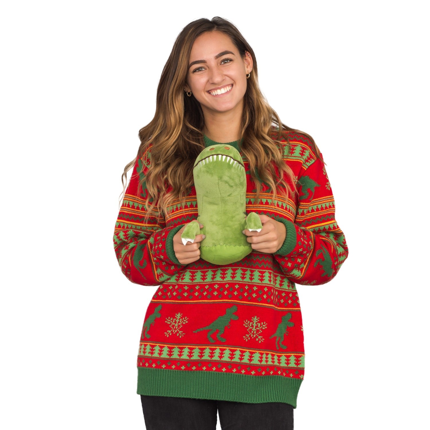3D T-Rex Red and Green Adult Ugly Christmas Sweater