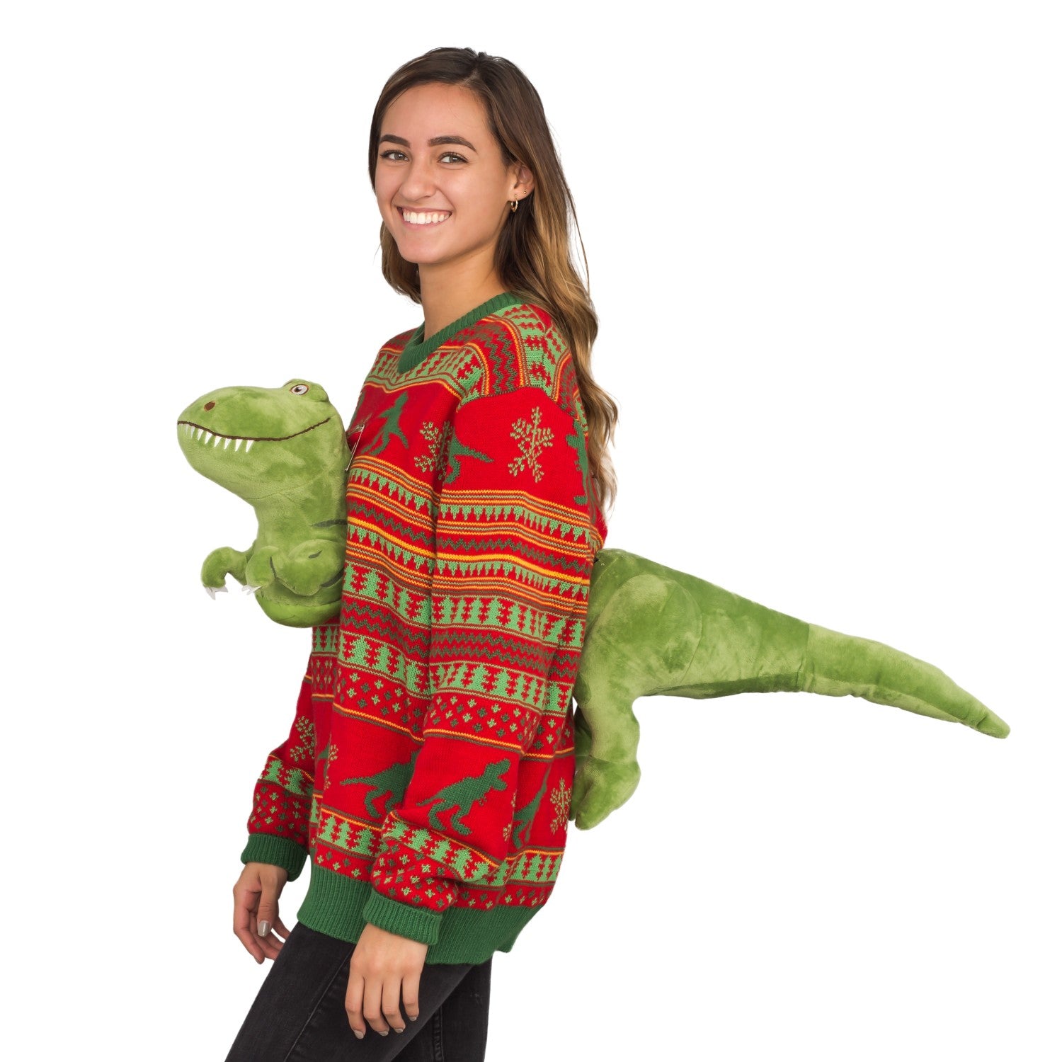 3D T-Rex Red and Green Adult Ugly Christmas Sweater