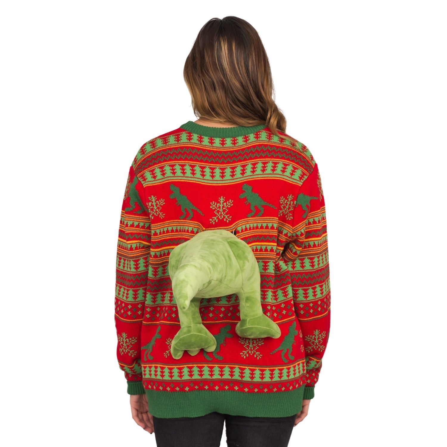 3D T-Rex Red and Green Adult Ugly Christmas Sweater