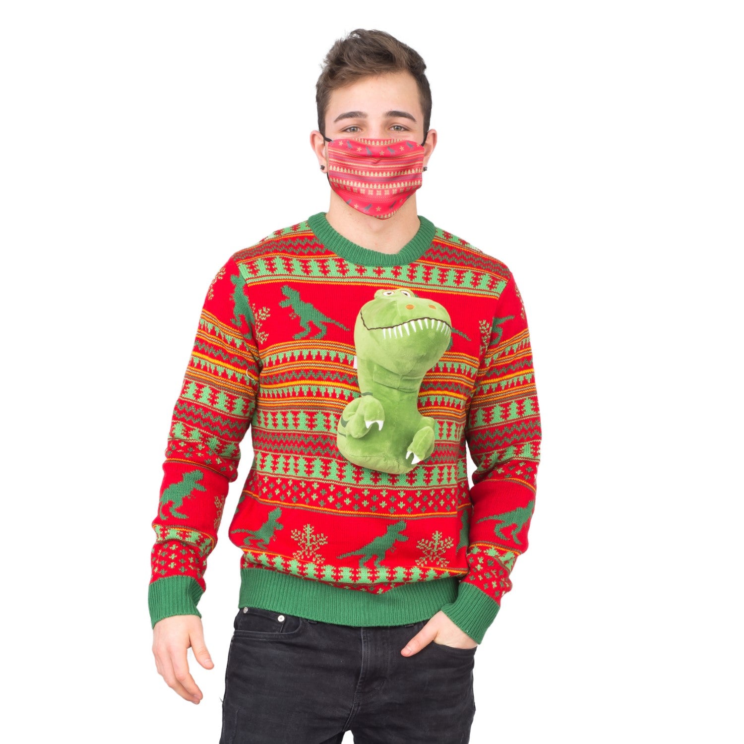 3D T-Rex Red and Green Adult Ugly Christmas Sweater