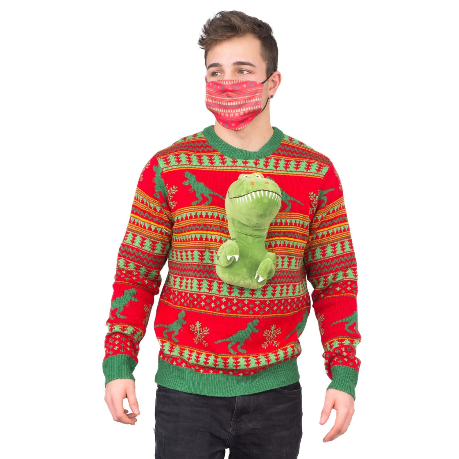 3D T-Rex Red and Green Adult Ugly Christmas Sweater
