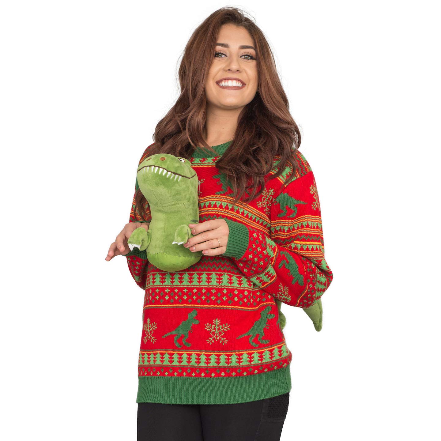 3D T-Rex Red and Green Adult Ugly Christmas Sweater - TVStoreOnline