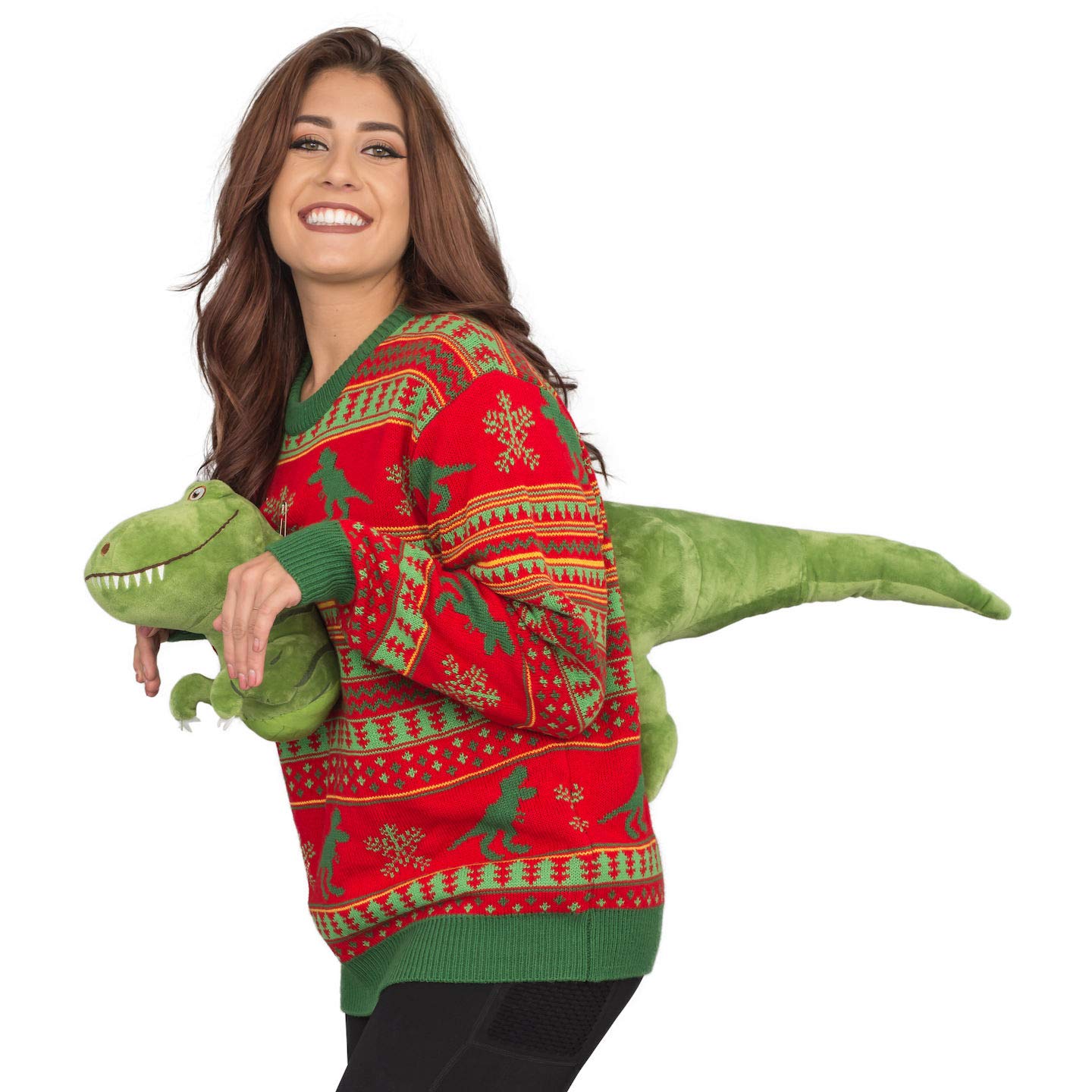 3D T-Rex Red and Green Adult Ugly Christmas Sweater - TVStoreOnline