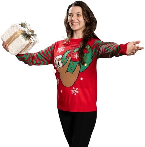 Sloth Santa Hat Hanging on Gift Ball Ornament Women's Juniors Ugly Christmas Sweater