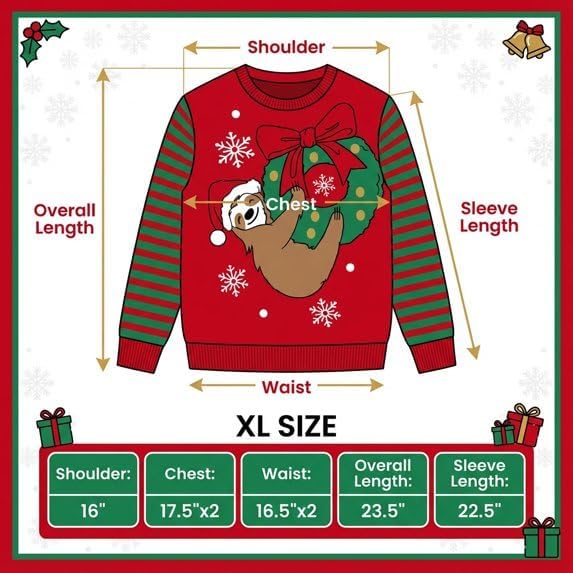 Sloth Santa Hat Hanging on Gift Ball Ornament Women's Juniors Ugly Christmas Sweater