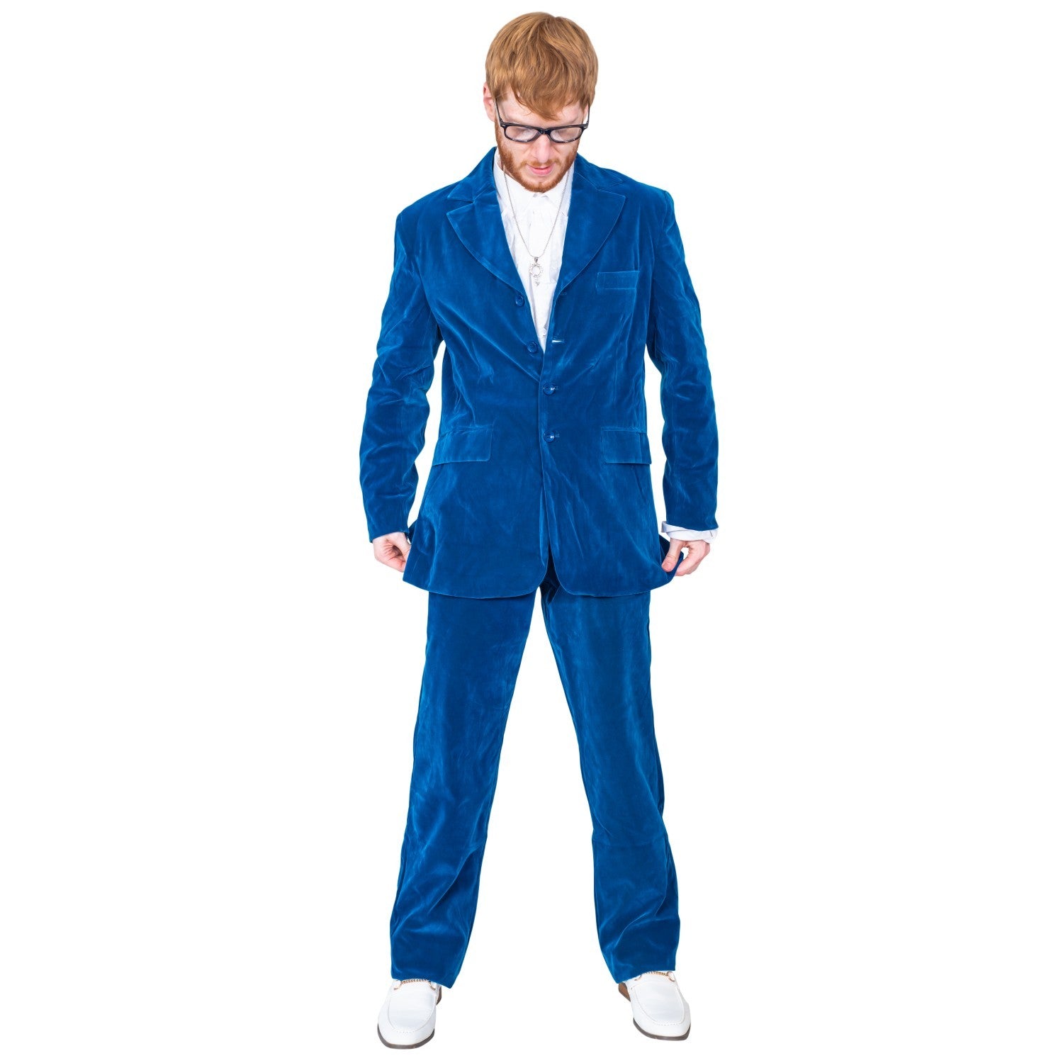 60's Groovy British Spy Funny Man Blue Suit Adult Halloween Costume Set Cosplay