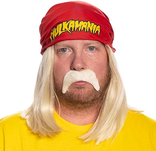 Red Mania Wrestler Bandana with Attached Wig and Mustache