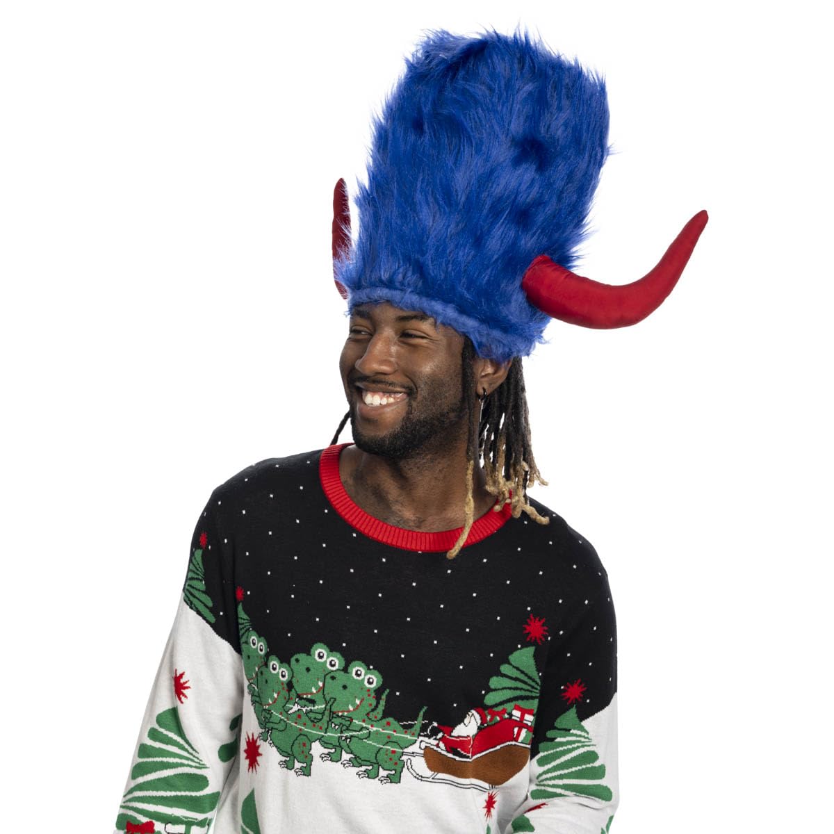 Viking Hat Red and Blue Furry Buffalo with Horns Adult Costume Accessory for Halloween and Cosplay