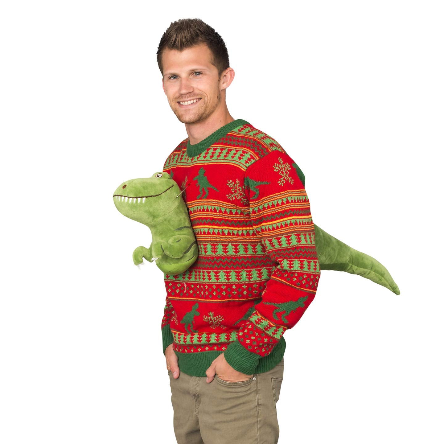 3D T-Rex Red and Green Adult Ugly Christmas Sweater