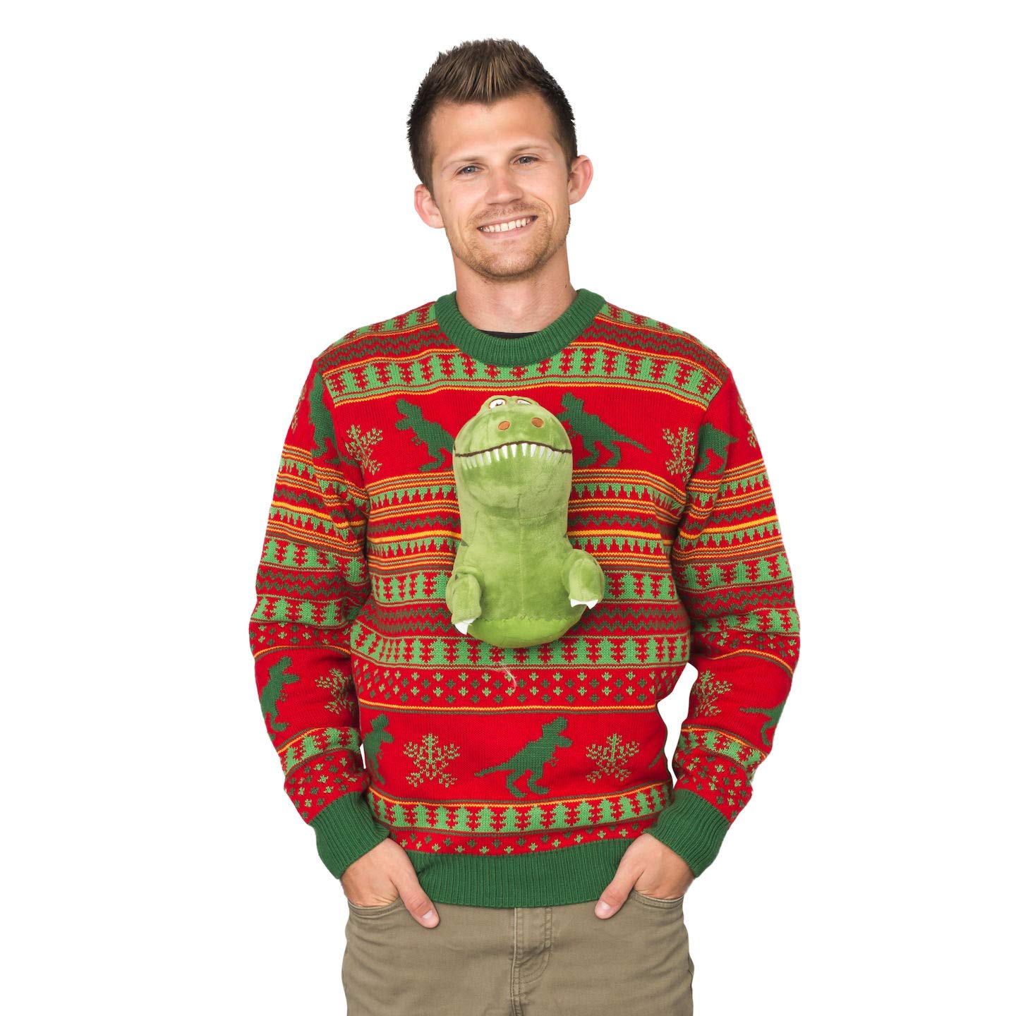 3D T-Rex Red and Green Adult Ugly Christmas Sweater