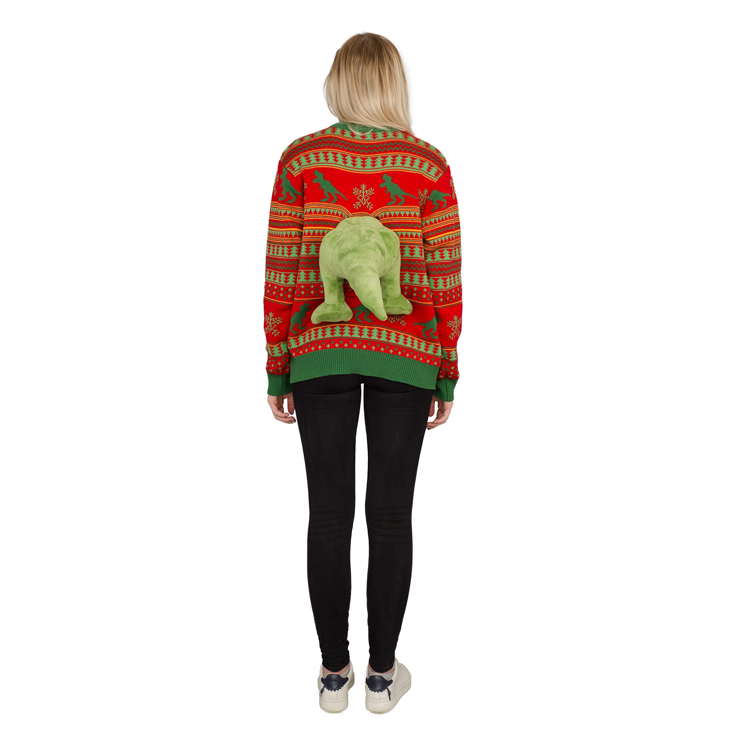 3D T-Rex Red and Green Adult Ugly Christmas Sweater