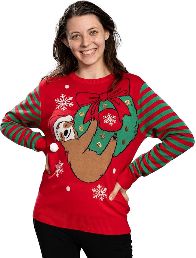 Sloth Santa Hat Hanging on Gift Ball Ornament Women's Juniors Ugly Christmas Sweater