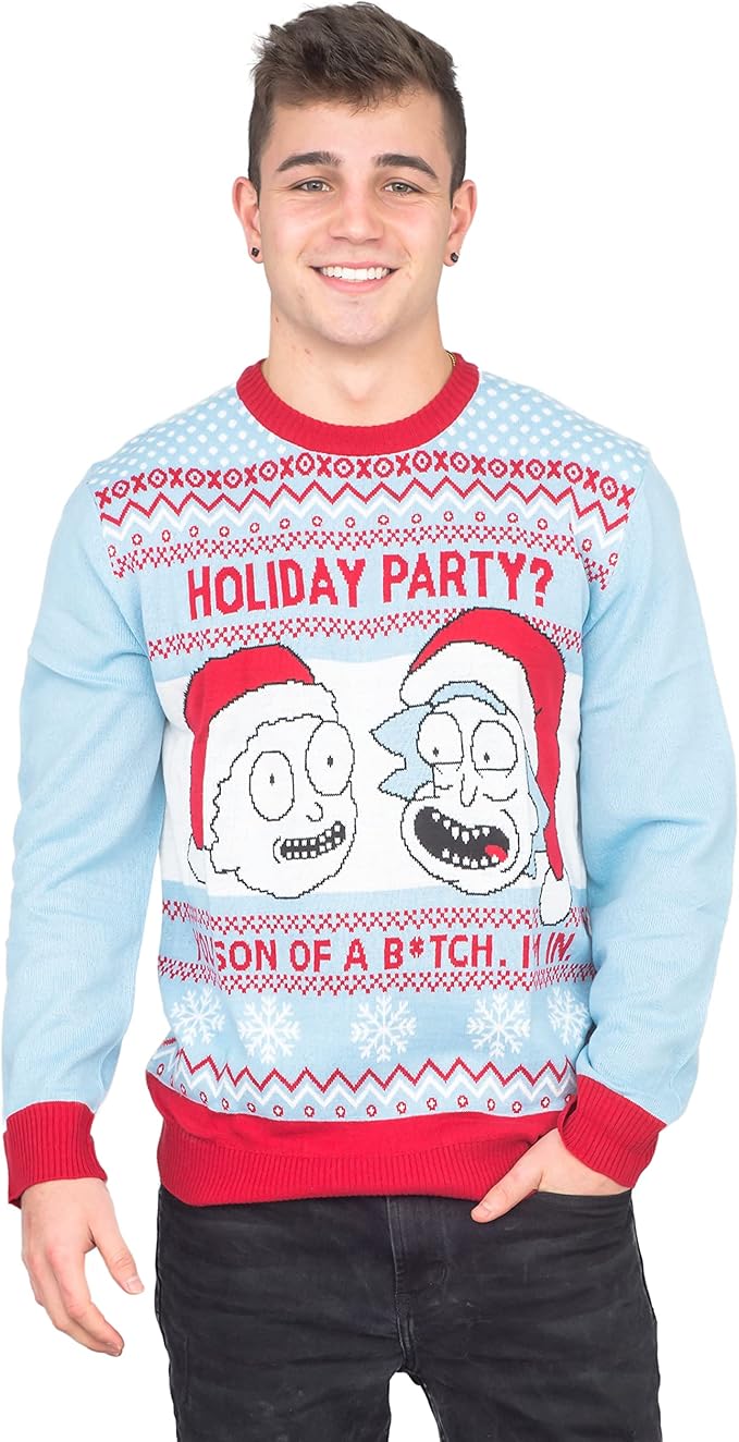 Rick and Morty Holiday Party Light Blue Adult Unisex Ugly Christmas Sweater