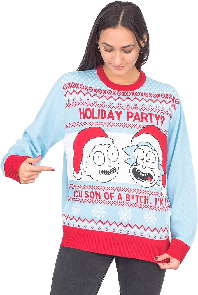 Rick and Morty Holiday Party Light Blue Adult Unisex Ugly Christmas Sweater