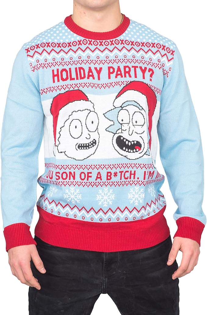 Rick and Morty Holiday Party Light Blue Adult Unisex Ugly Christmas Sweater