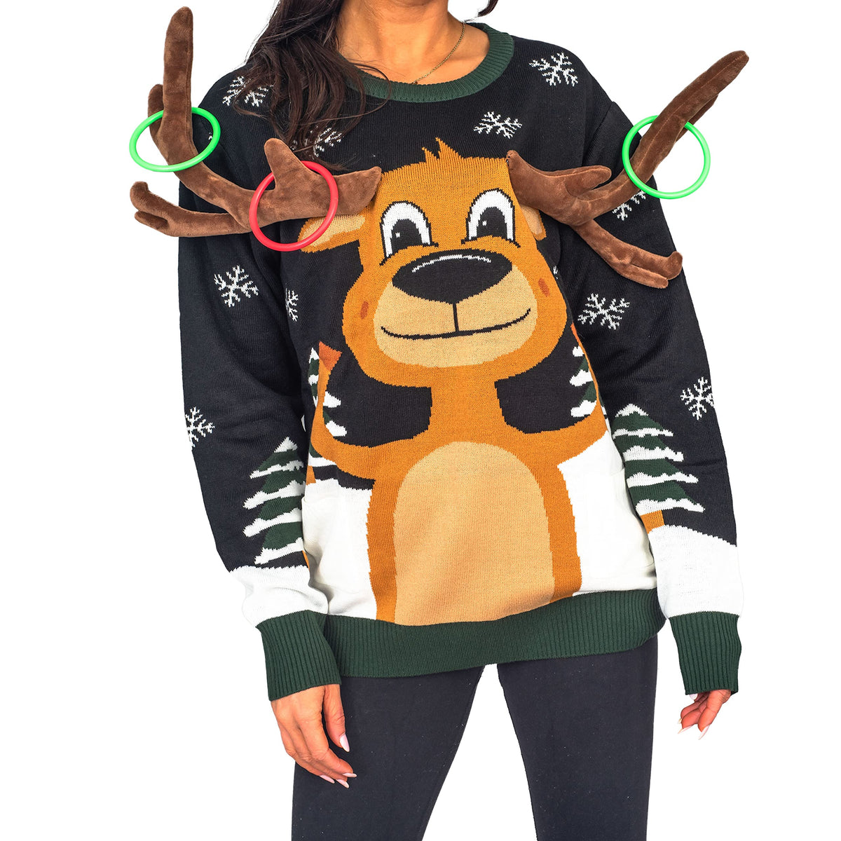 Funny Unisex Reindeer Ring Toss 3D Ugly Christmas Sweater