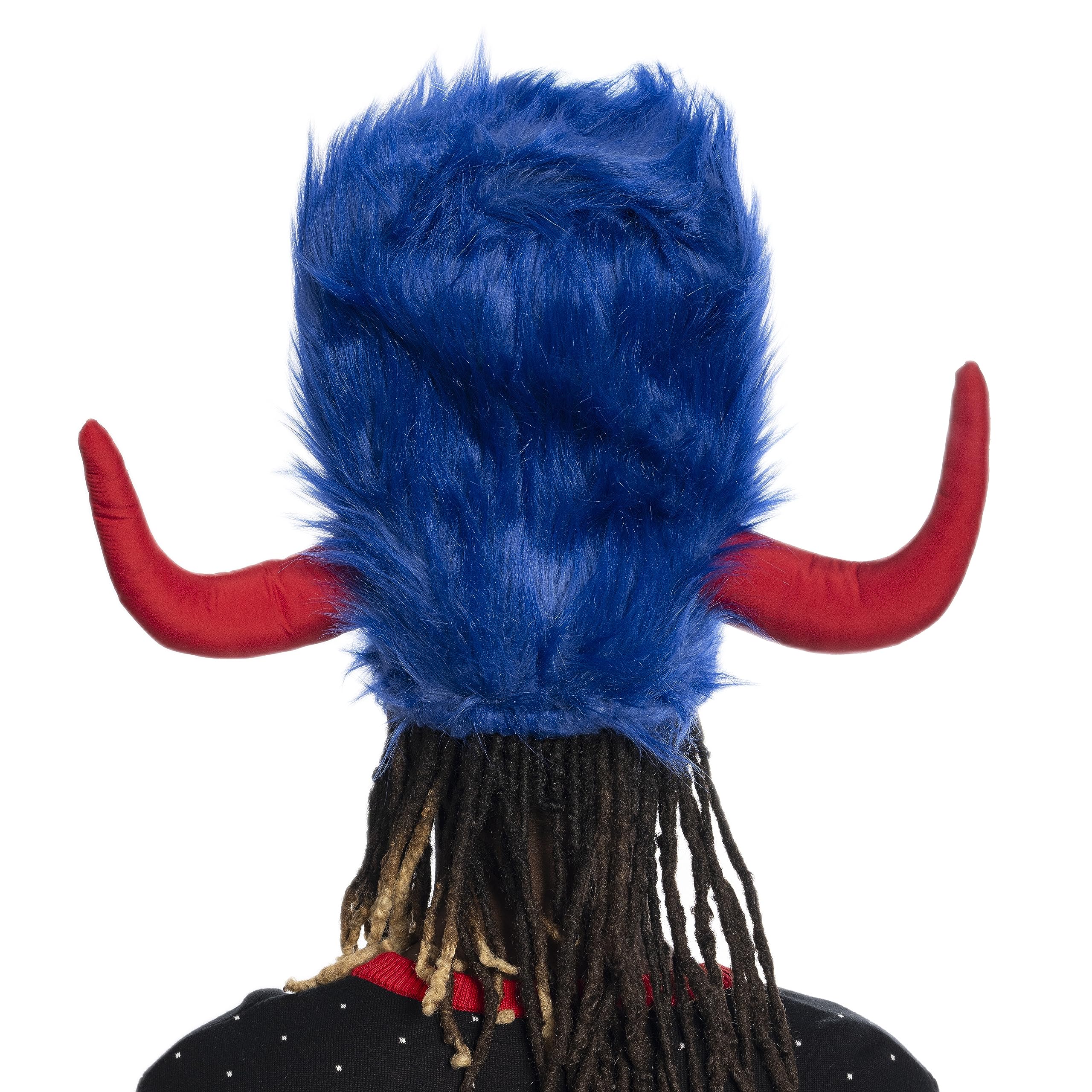 Viking Hat Red and Blue Furry Buffalo with Horns Adult Costume Accessory for Halloween and Cosplay