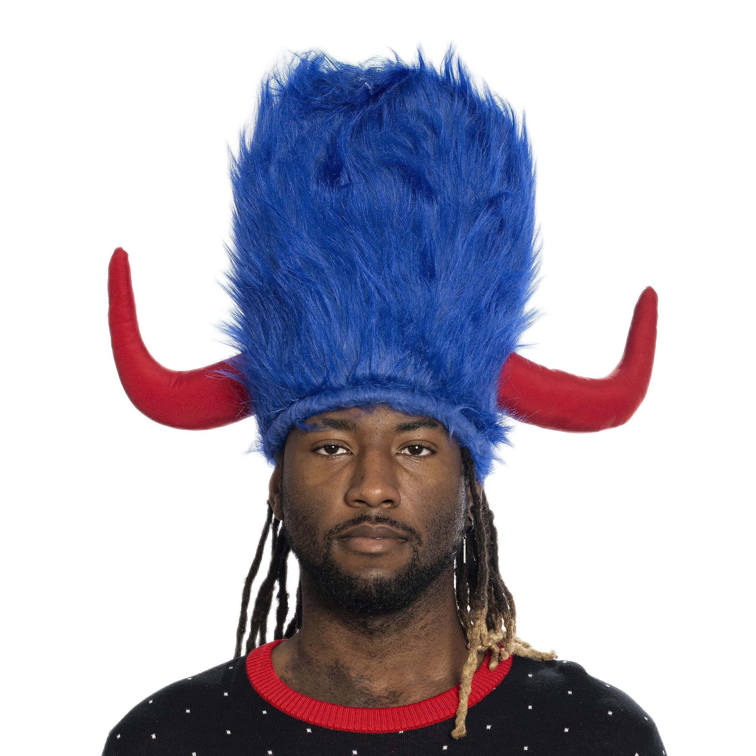 Viking Hat Red and Blue Furry Buffalo with Horns Adult Costume Accessory for Halloween and Cosplay
