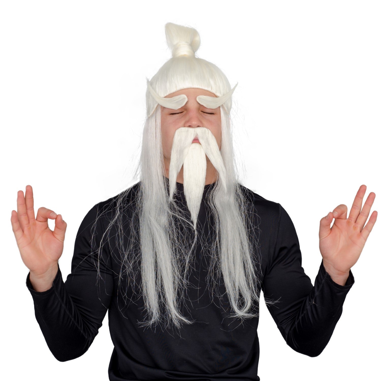 Adult Halloween Martial Arts White Fu Manchu Beard and Wig Costume Accessory