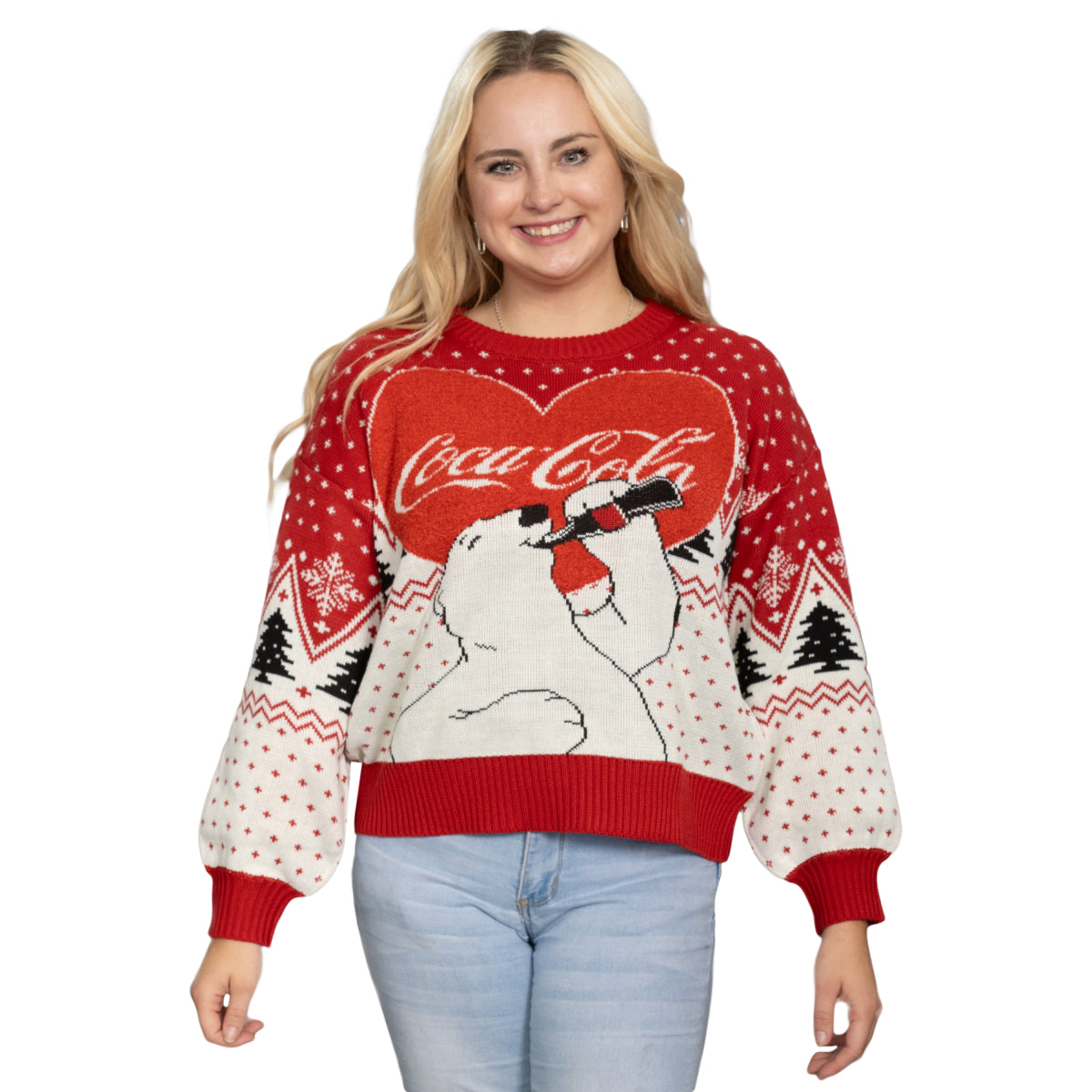 Coca-Cola Heart Bear Spread Joy with Festive Ugly Sweater Christmas Sweaters Front View