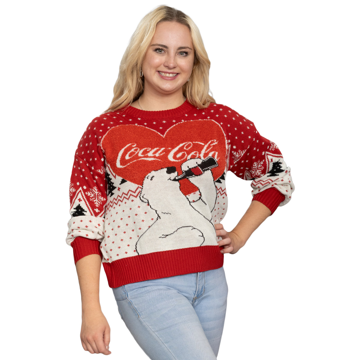 Coca-Cola Heart Bear Spread Joy with Festive Ugly Sweater Christmas Sweaters Style Pose