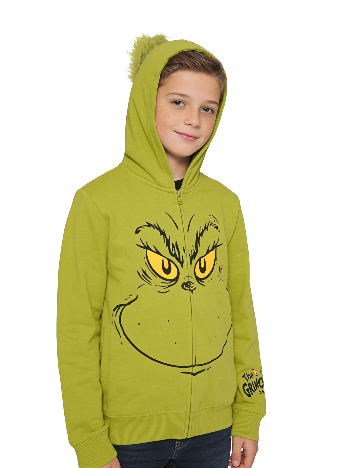 The Grinch Boys Youth Zip Up Hoodie Hair Halloween Costume Sweatshirt