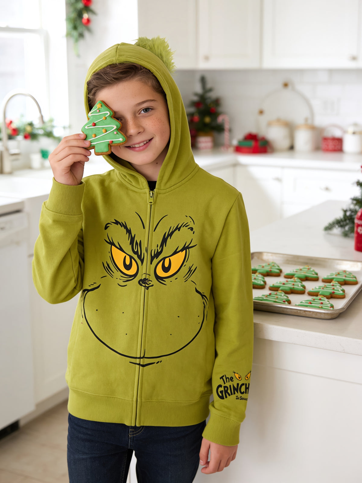 The Grinch Boys Youth Zip Up Hoodie Hair Halloween Costume Sweatshirt