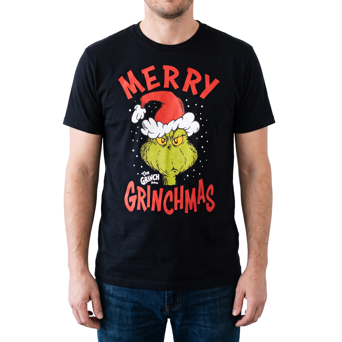 Black Merry Grinchmas Christmas T-shirt with Grinch in a Santa hat, close-up front view