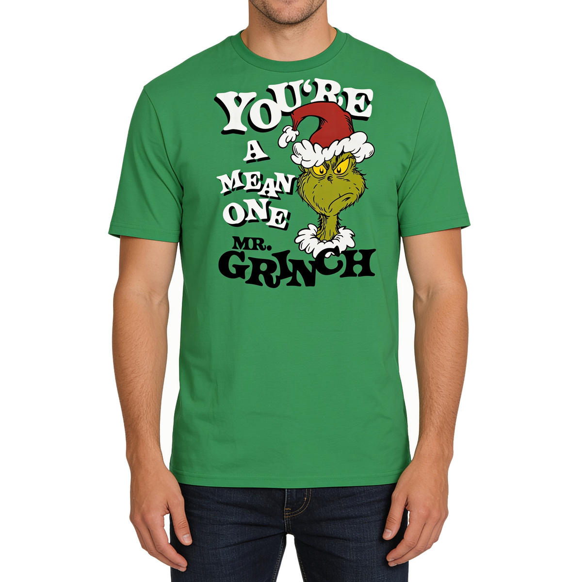 Green Grinch You're a Mean One Christmas T-shirt, close-up front view