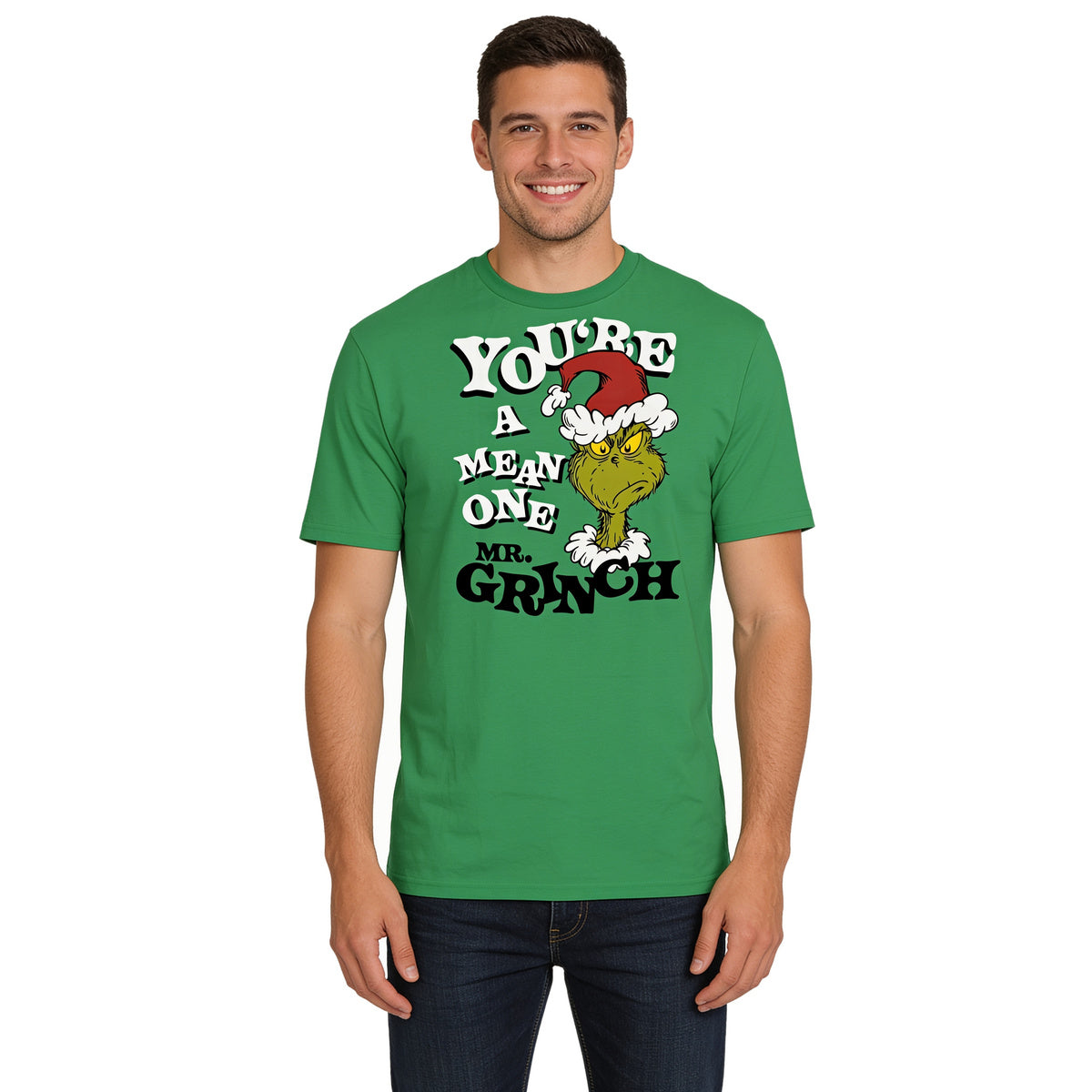 Man wearing the green Grinch You're a Mean One T-shirt with jeans, front view on white