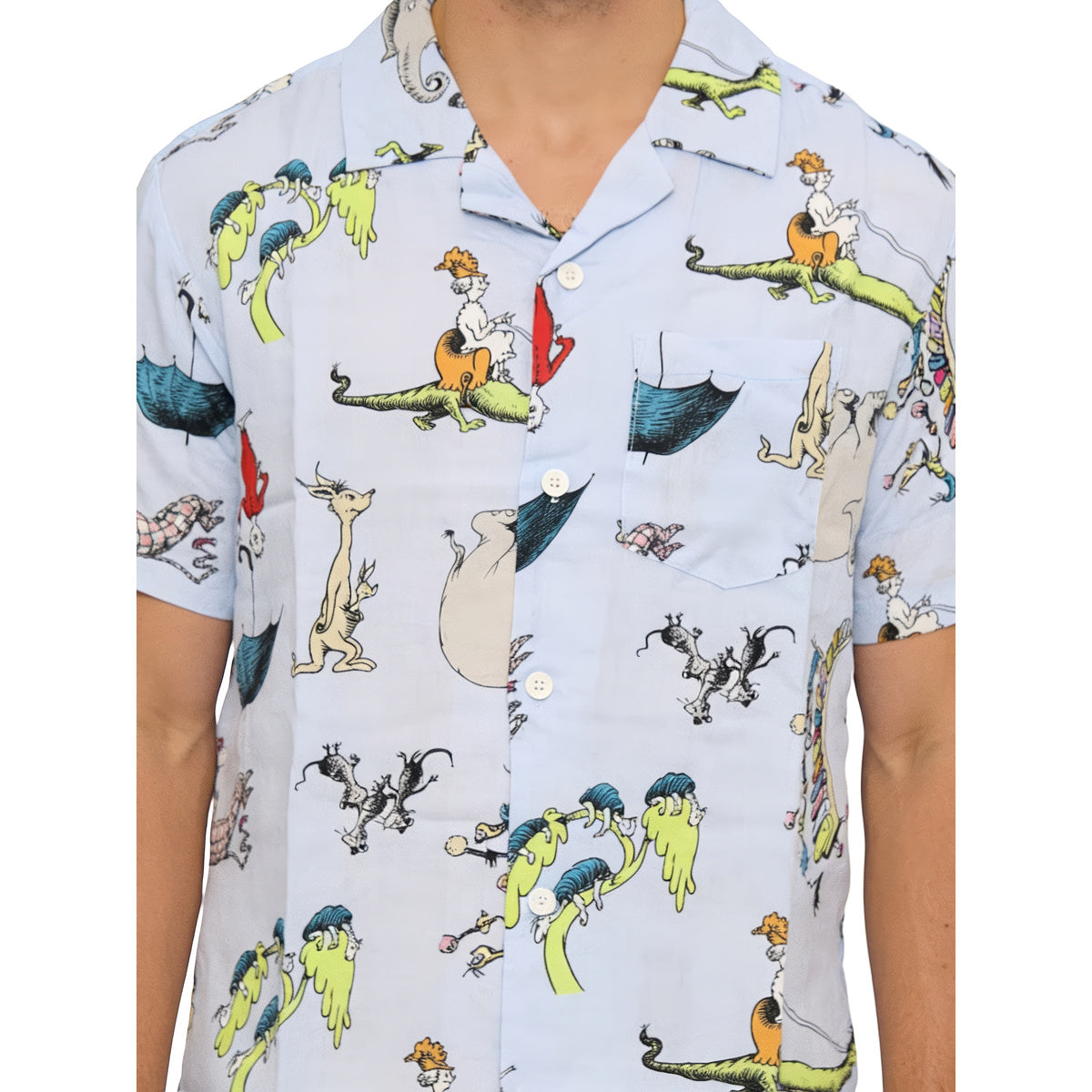Close-up of the Dr. Seuss characters all-over print and button front on the light blue shirt