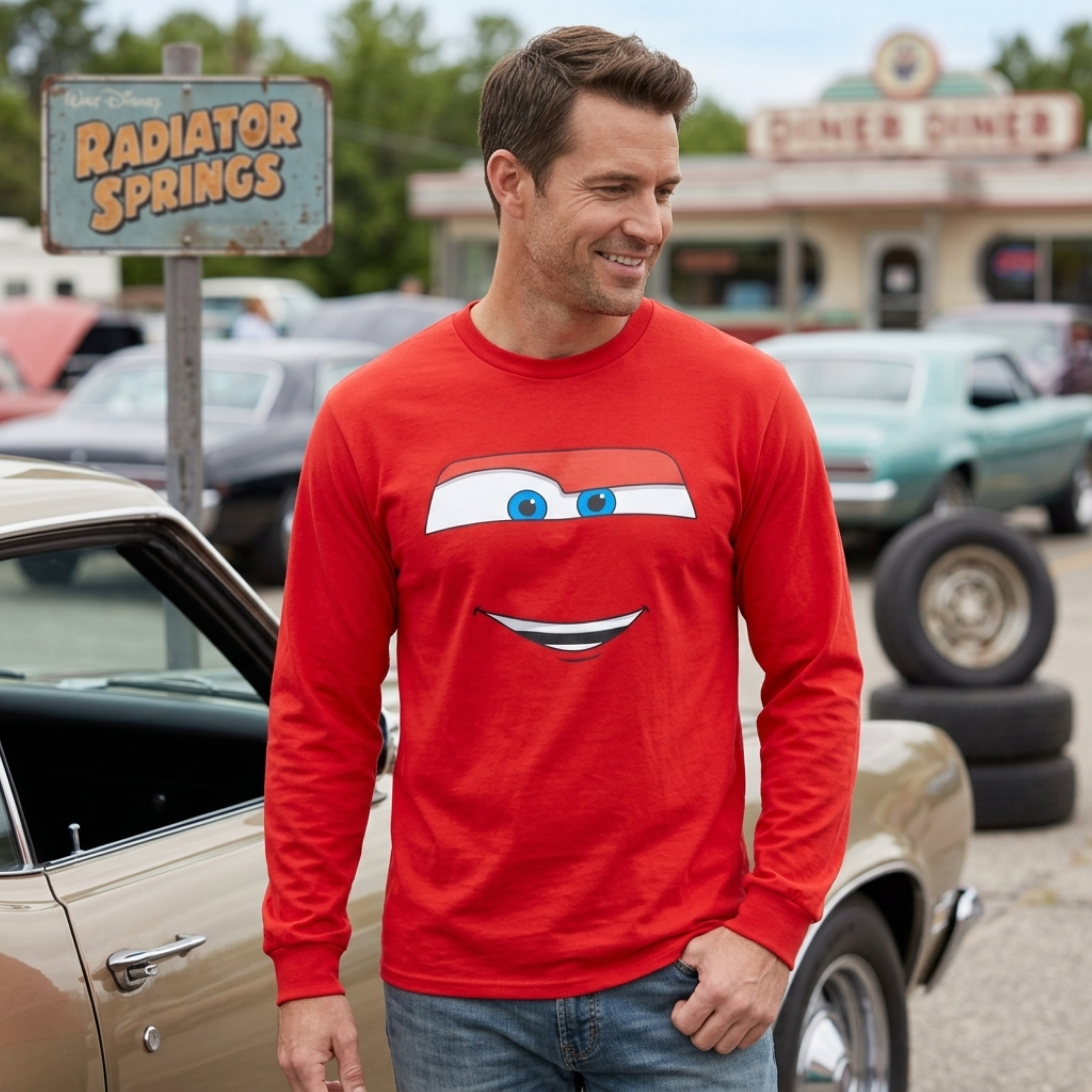 Disney Cars Licensed Lightning McQueen Big Face Adult Unisex Long Sleeve Shirt