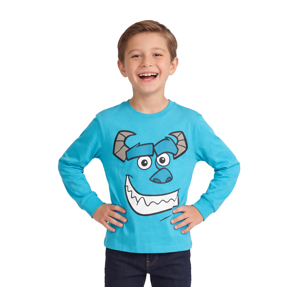Laughing child with hands on hips in the blue Sullys Big Face kids long sleeve shirt