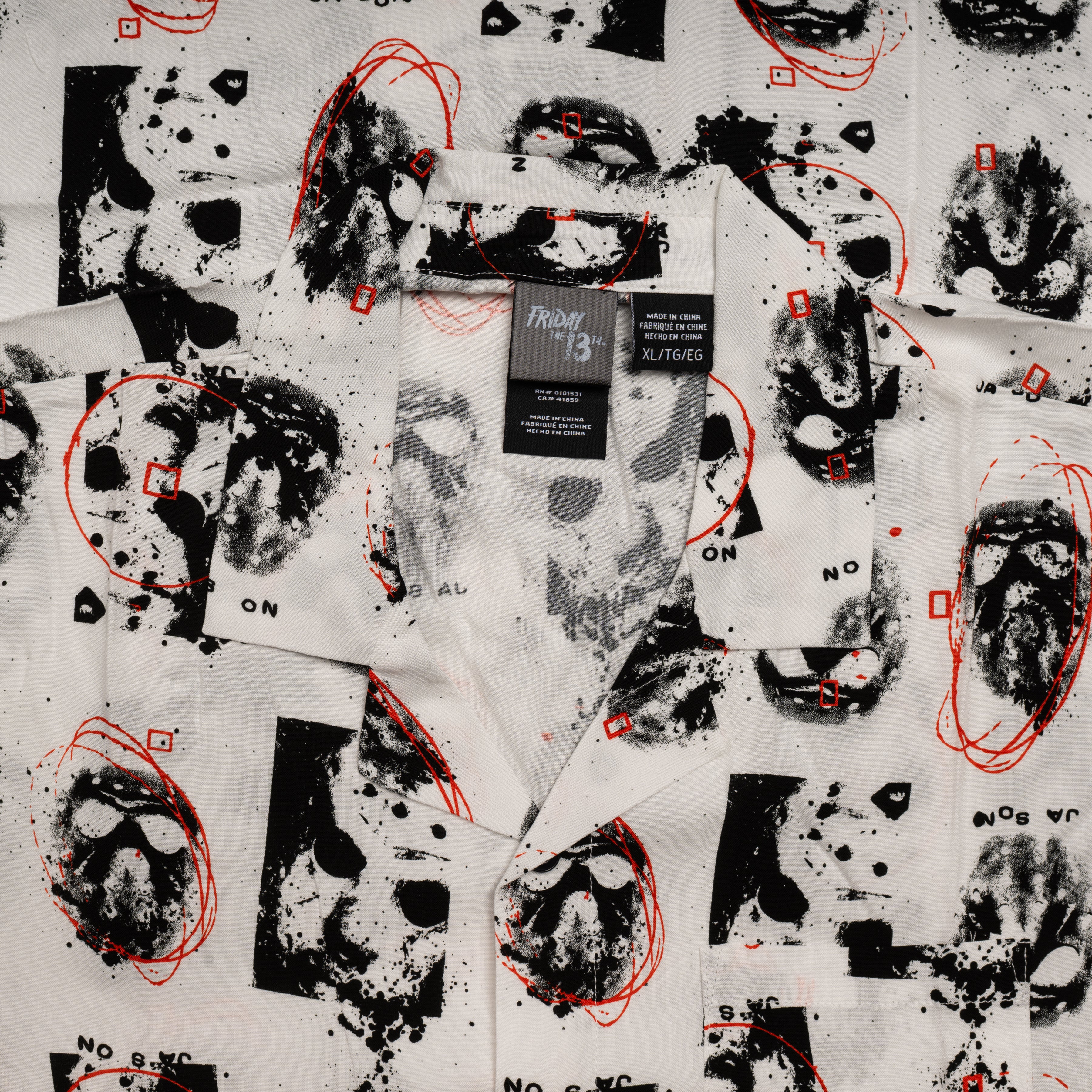 Friday The 13th Jason Rayon Button up Shirt SS Mask Scribble White
