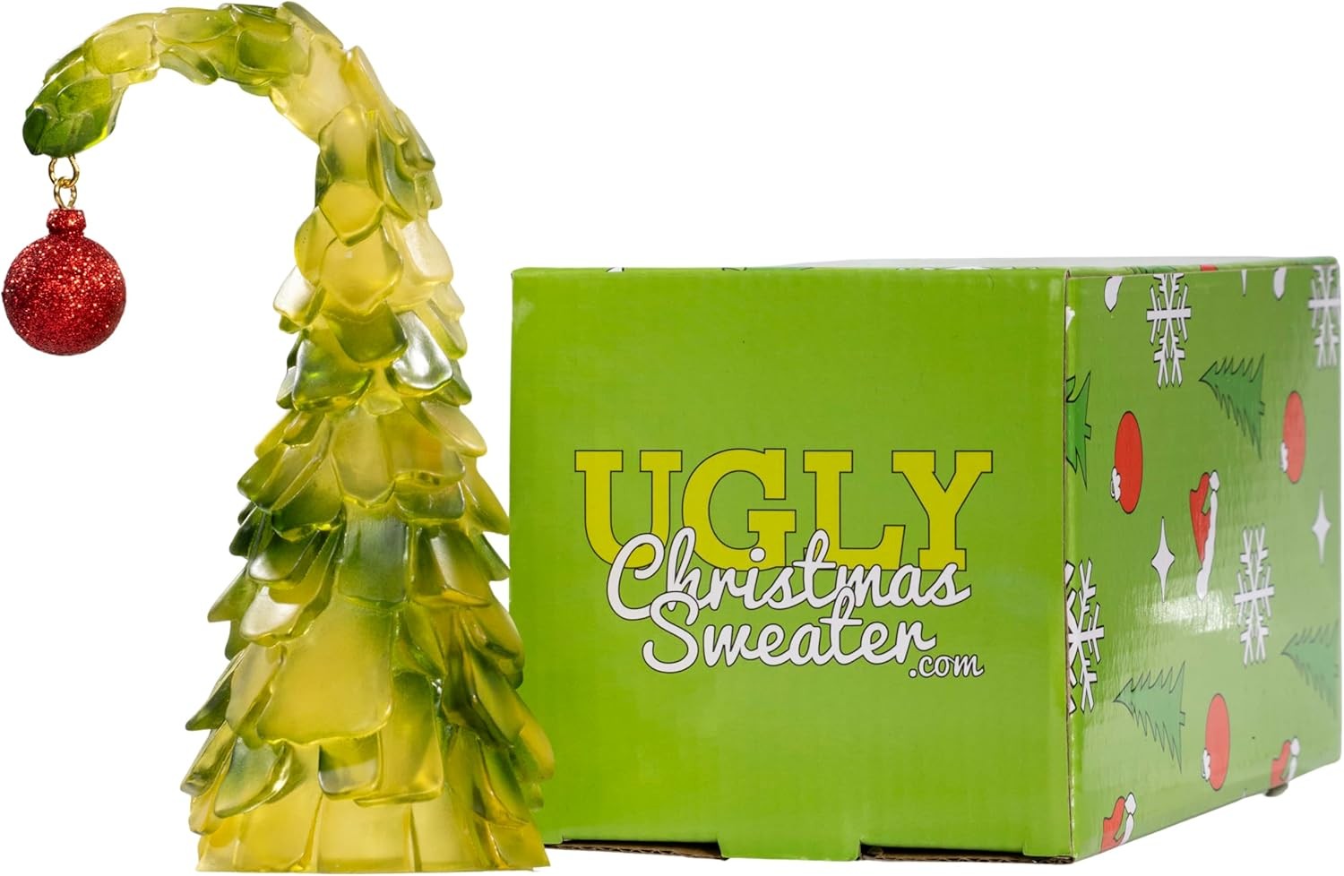 Green Monster Bend Christmas Tree with Red Ornament 8” Glass Holiday Decoration