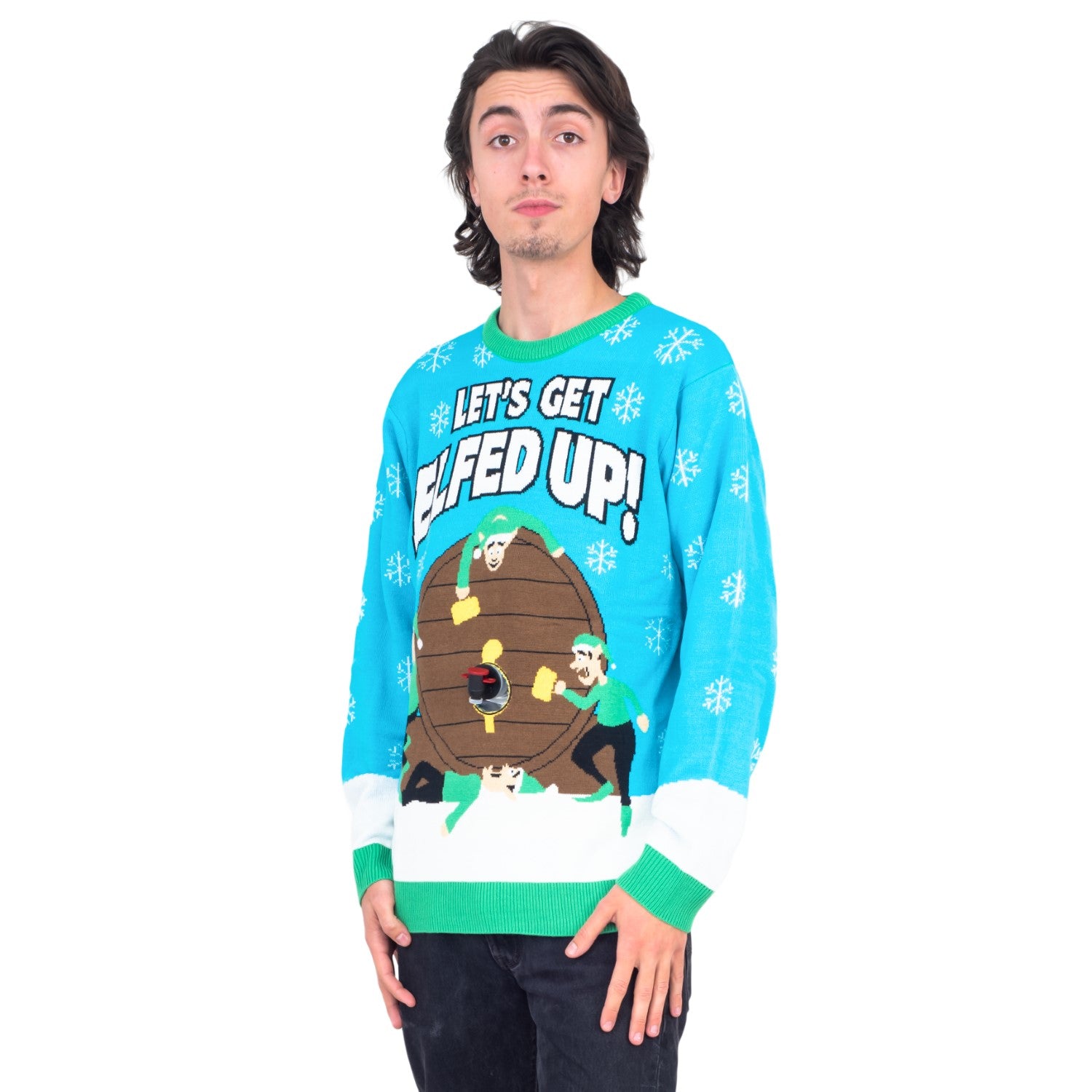 Funny Ugly Christmas Sweater Beverage Dispenser Elfed Up Blitzen's Santa Jingle Juice Knitted Pullover