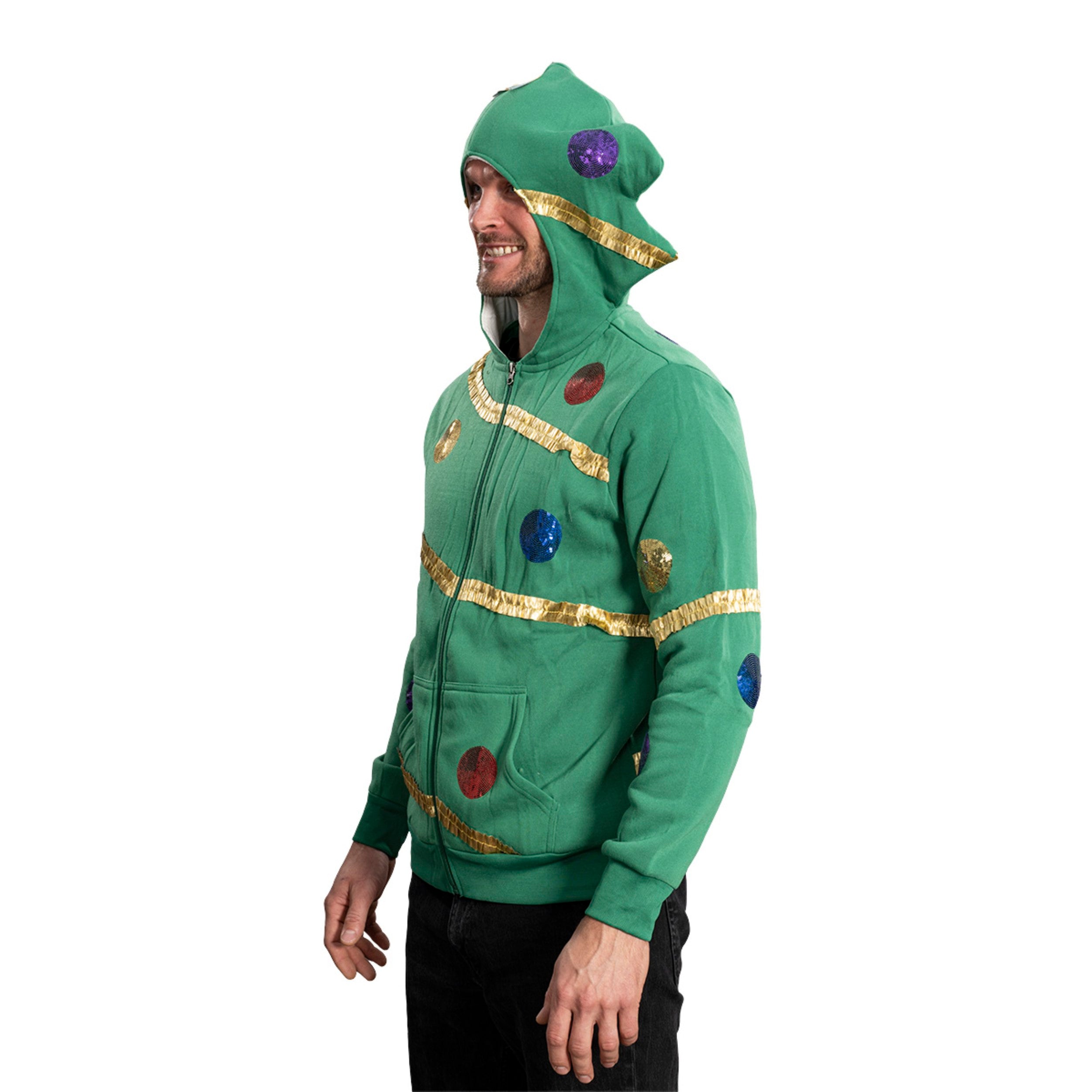 Extreme Christmas Tree Hoodie with Balls & Stars Adult Unisex Zip-Up Costume Sweatshirt