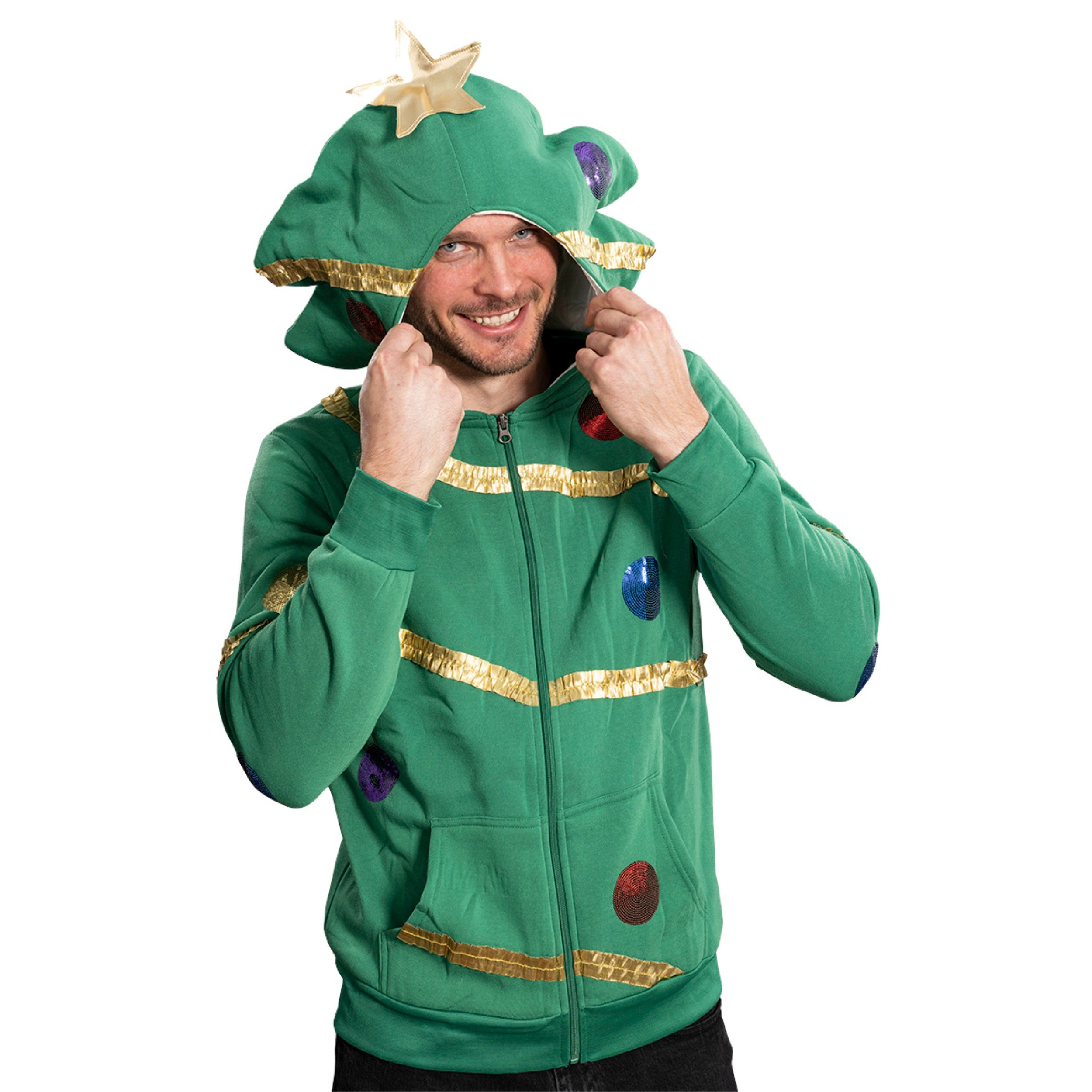 Extreme Christmas Tree Hoodie with Balls & Stars Adult Unisex Zip-Up Costume Sweatshirt