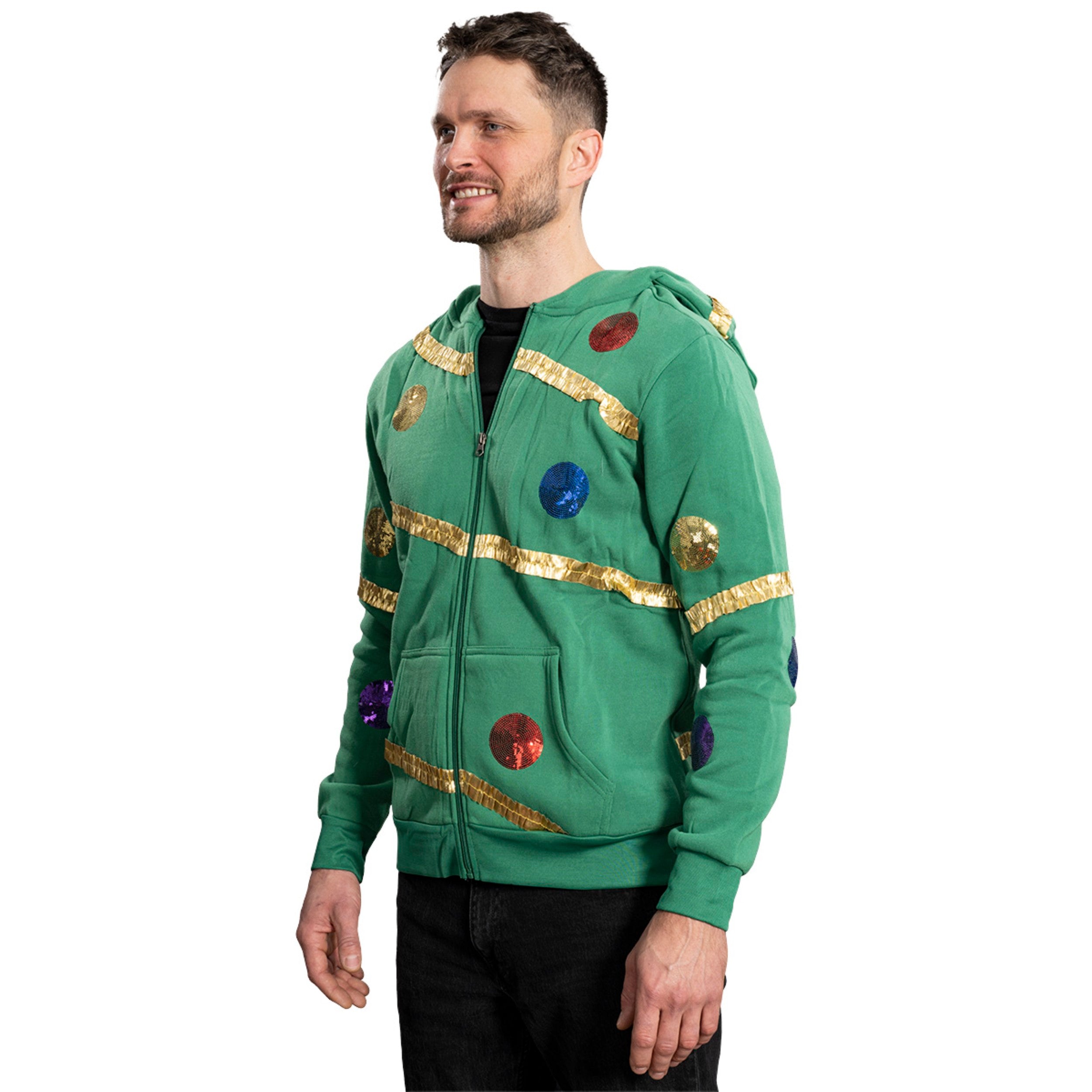Extreme Christmas Tree Hoodie with Balls & Stars Adult Unisex Zip-Up Costume Sweatshirt