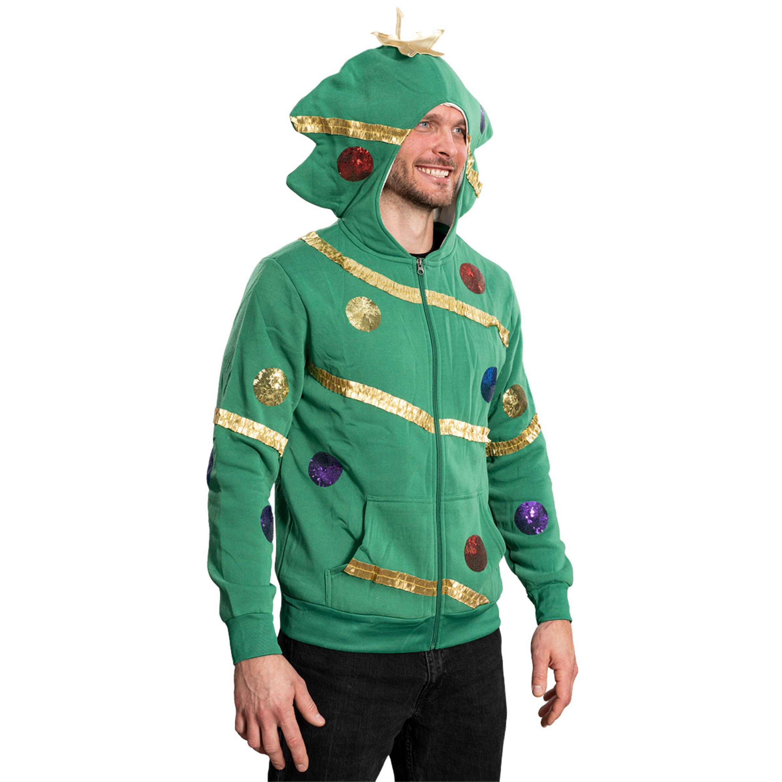 Extreme Christmas Tree Hoodie with Balls & Stars Adult Unisex Zip-Up Costume Sweatshirt