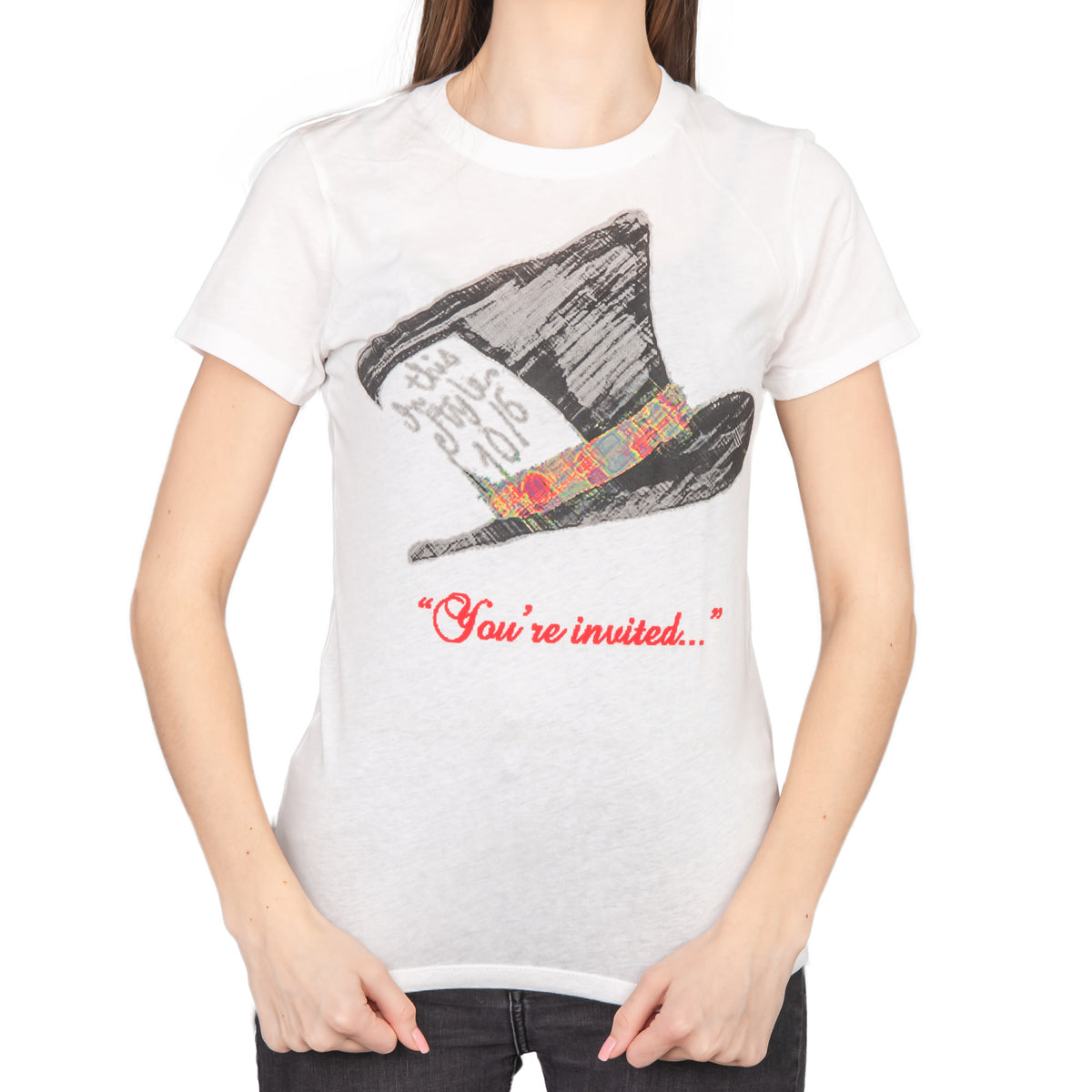 Mad Hatter You're Invited Juniors T-shirt