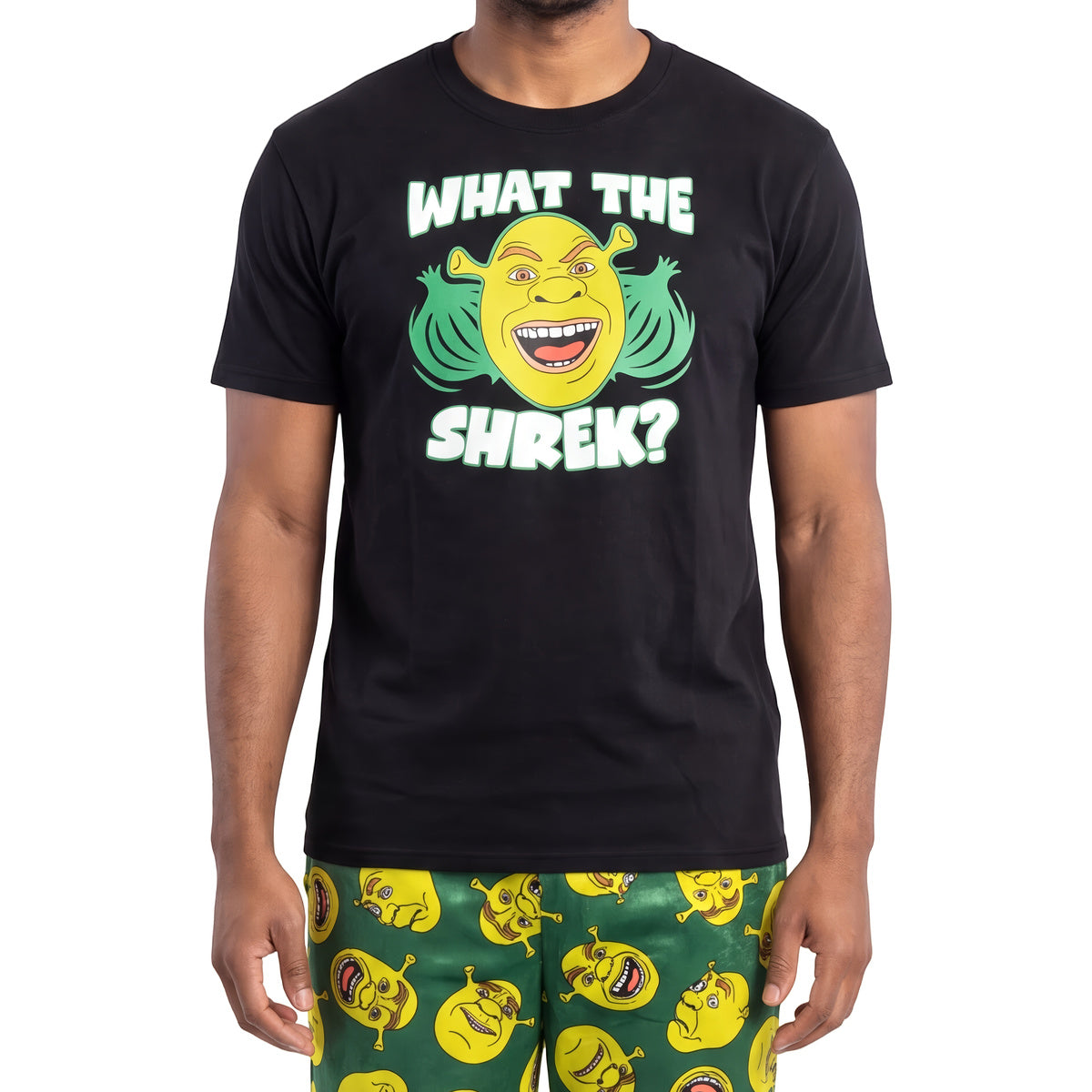 Close-up of the What the Shrek? graphic tee and Shrek face print lounge pants
