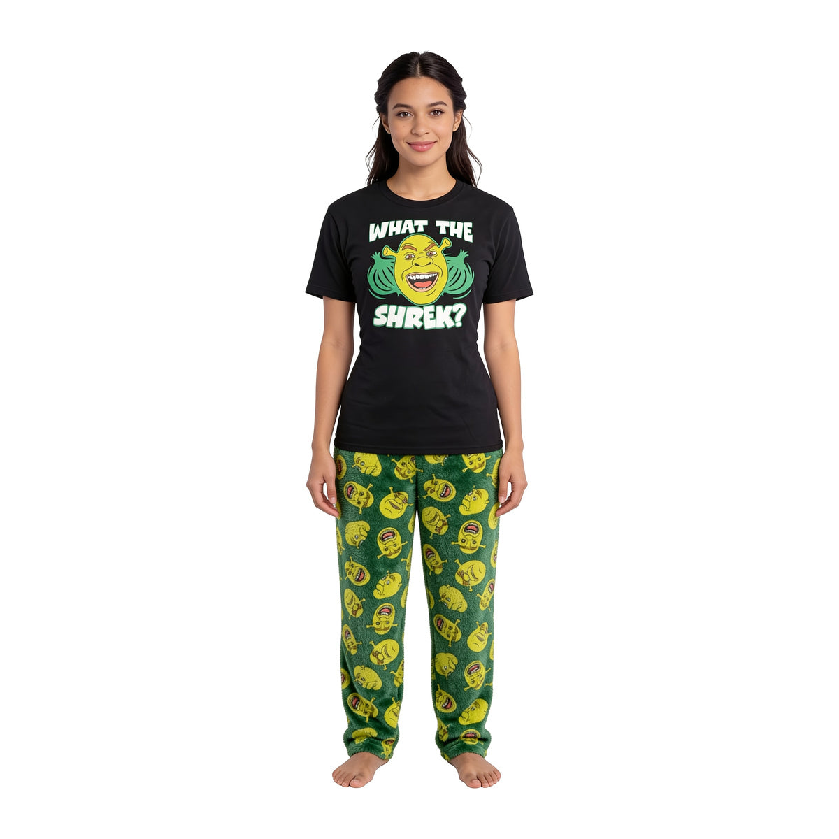 Woman wearing the Shrek What the Shrek pajama loungewear sleep set, front view on white