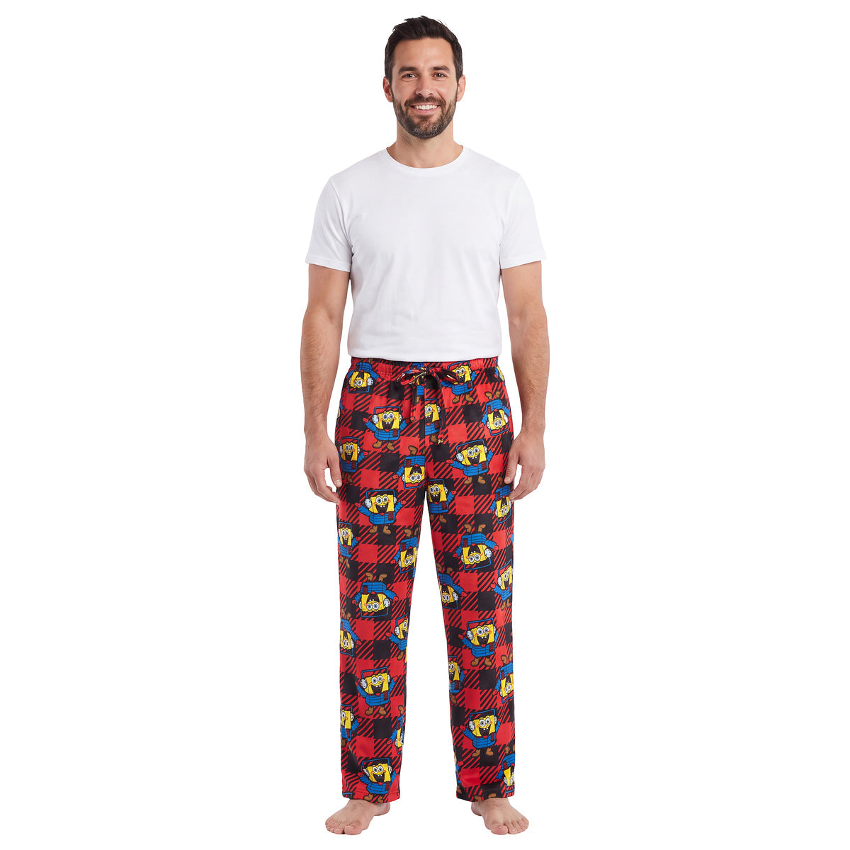 Man in a white tee wearing the red SpongeBob Puffer and Snow plaid sleep pants, front view