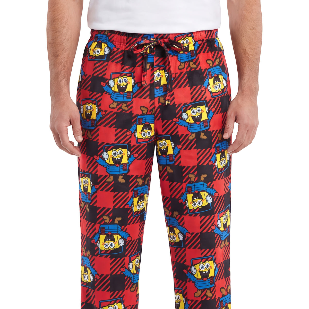 Close-up of the SpongeBob character print on the red plaid loungewear pants